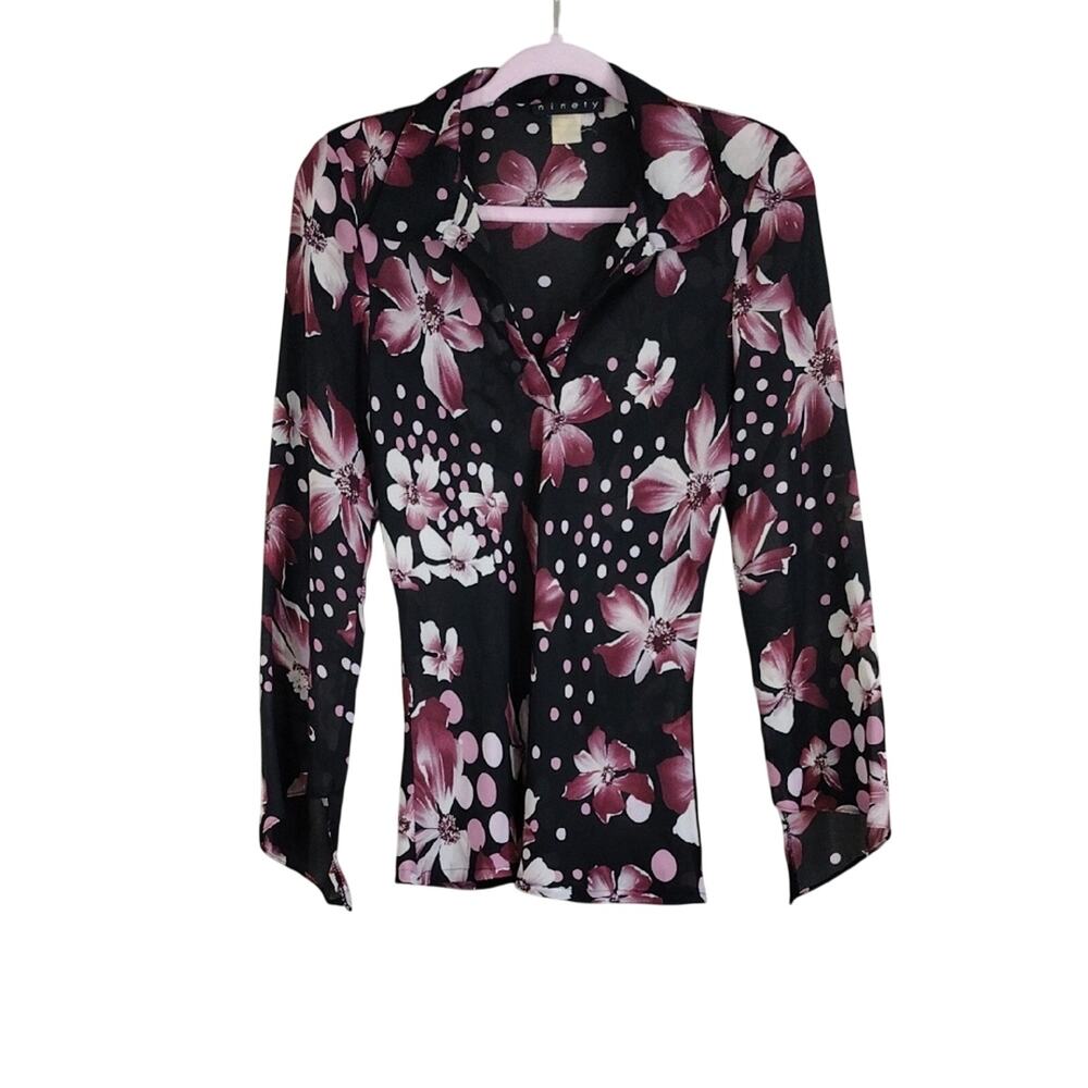 Vintage 90s Ninety Pink Purple Floral Flowy Business Casual V-Neck Preppy Blouse